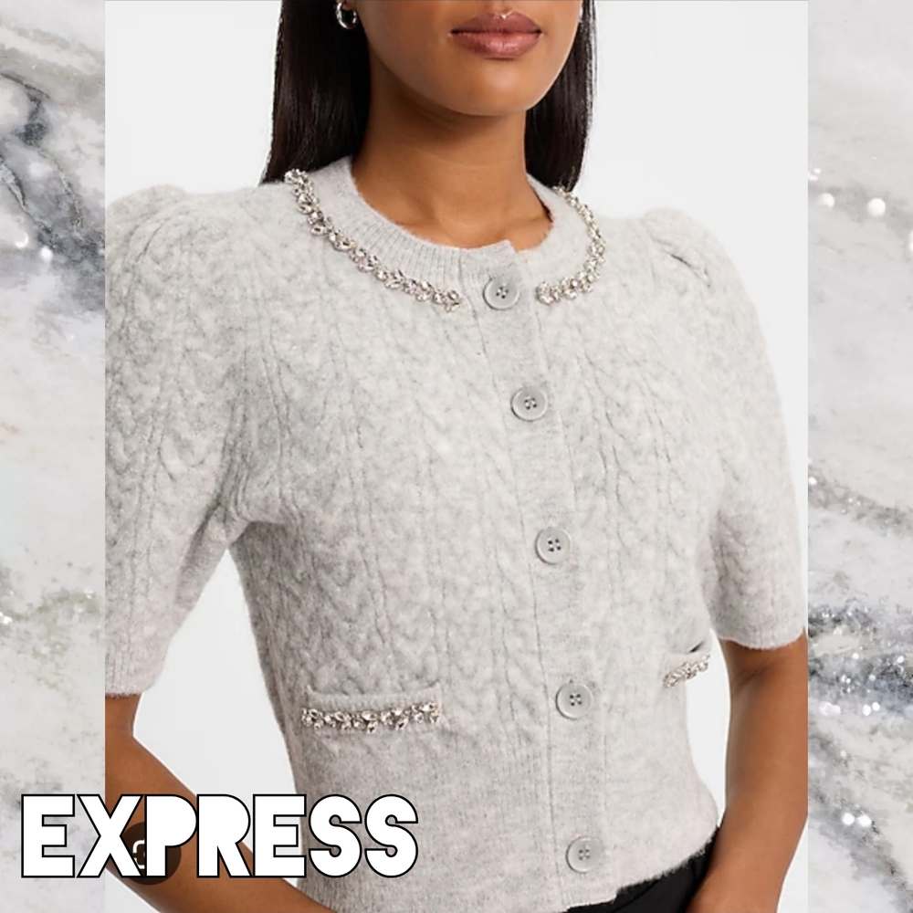 Express Gray Knit Cardigan with Embellishments